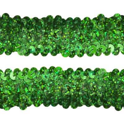 Тесьма с пайетками D4, шир. 30 мм/уп. 25+/-1 м, цвет зелёный - купить в Коврове. Цена: 1 098.48 руб.